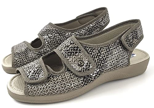 Devalverde - Zapatilla Mujer para Pies Delicados Estilo Sandalia - Anatomica Flexible y Ligera con Velcros - Primavera -Verano - Ancho Especial (Arena Serpiente, Numeric_39)