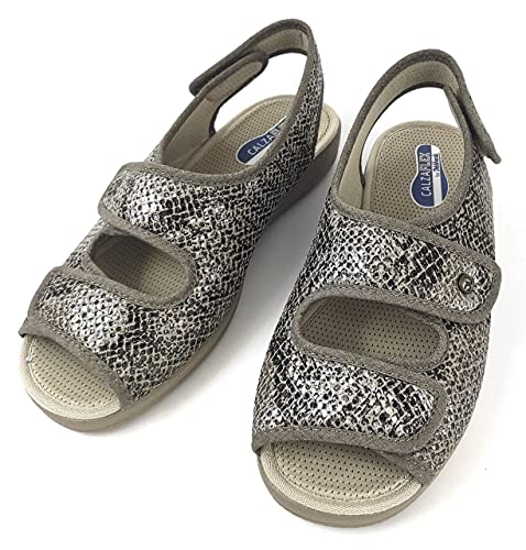 Devalverde - Zapatilla Mujer para Pies Delicados Estilo Sandalia - Anatomica Flexible y Ligera con Velcros - Primavera -Verano - Ancho Especial (Arena Serpiente, Numeric_39)