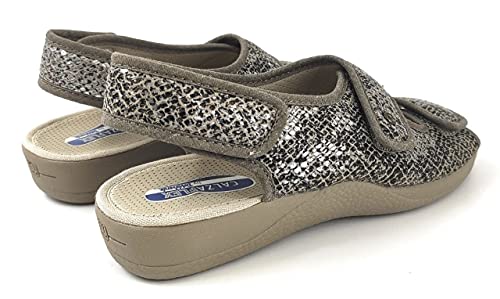 Devalverde - Zapatilla Mujer para Pies Delicados Estilo Sandalia - Anatomica Flexible y Ligera con Velcros - Primavera -Verano - Ancho Especial (Arena Serpiente, Numeric_39)