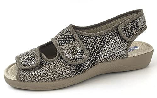 Devalverde - Zapatilla Mujer para Pies Delicados Estilo Sandalia - Anatomica Flexible y Ligera con Velcros - Primavera -Verano - Ancho Especial (Arena Serpiente, Numeric_39)