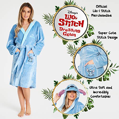 Disney Albornoz Mujer, Bata de Casa Mujer Personaje Stitch, Bata Forro Polar Mujer con Capucha y Cinturon, Regalos Para Mujer y Chica Adolescente Talla S-XL (Azul, S)