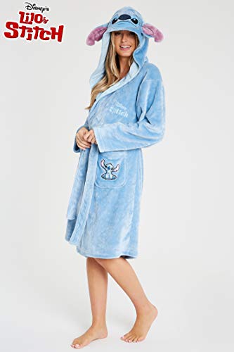 Disney Albornoz Mujer, Bata de Casa Mujer Personaje Stitch, Bata Forro Polar Mujer con Capucha y Cinturon, Regalos Para Mujer y Chica Adolescente Talla S-XL (Azul, S)