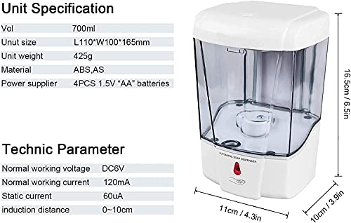 Dispensador Gel Hidroalcoholico,700ML Dispensador de Jabón Automático con Sensor de Movimiento Infrarrojo,Evitar Las bacterias.Dispensador de Desinfectante Manos para Baños, Cocinas,Hoteles