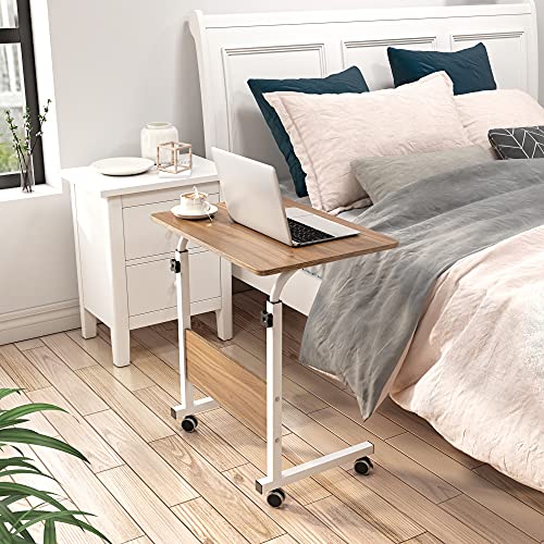 DlandHome 60 * 40 cm Ajustable Mesa de Ordenador Portatil con Ruedas Sofá Mesa Mesas de Centro, Roble