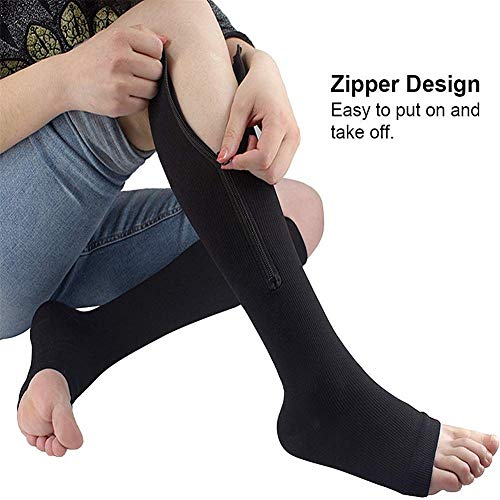 Dr.CURVY 3 Pares Calcetines Varices Cremallera Compresión Médica con Punta Abierta Mejor Soporte Media para Venas Varicosas Edema Hinchazón o Dolor en Las PiernasBlack-XXL