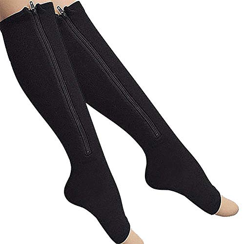 Dr.CURVY 3 Pares Calcetines Varices Cremallera Compresión Médica con Punta Abierta Mejor Soporte Media para Venas Varicosas Edema Hinchazón o Dolor en Las PiernasBlack-XXL