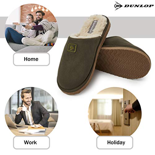 Dunlop Zapatillas Casa Hombre, Memory Foam Pantuflas Peluche Abiertas, Zapatillas De Estar En Casa Invierno Calientes Suela de Goma Dura Interior Exterior, Regalos para Hombre (41 EU, Caqui)