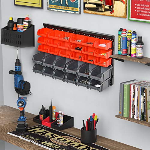 DURHAND Estantería de Almacenaje para Pared Organizador de Herramientas 33 Piezas en Total con Cajas de 2 Tamaños Diferentes Ideal para Tornillos 37,5x18x95,5 cm Rojo y Gris