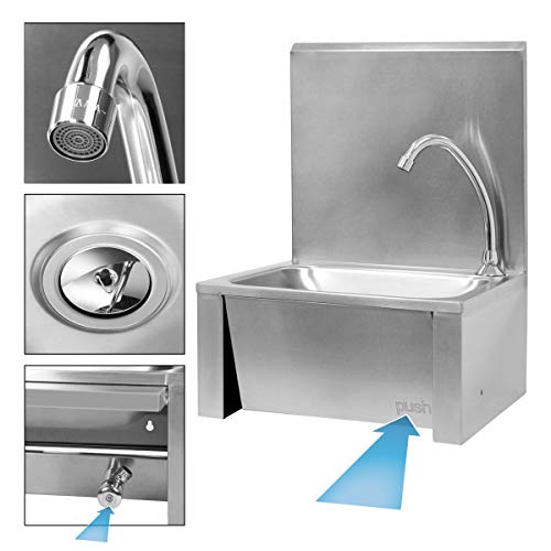 ECD Germany Fregadero con grifo giratorio - aprox. 34 x 40 x 56,5 cm - pila de acero inoxidable - lavamanos volúmen 8 L - con dispensador de jabón - lavabo con accionador de rodilla restaurante pared