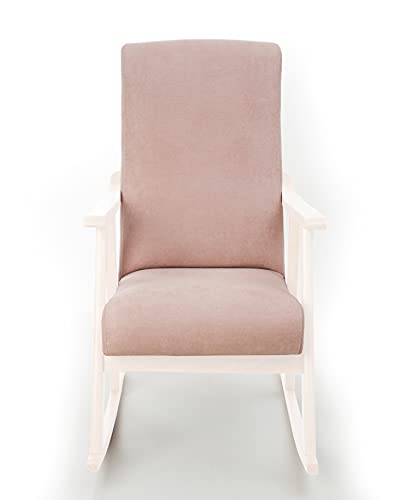 Eco Silla y Descanso. Mod. Torino. Sillon, balancin, mercedora Especial Lactancia, Antimanchas, Madera Haya Maciza, Barnizado Lacado Blanco, tapizado Rosa Palo.