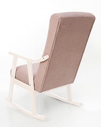 Eco Silla y Descanso. Mod. Torino. Sillon, balancin, mercedora Especial Lactancia, Antimanchas, Madera Haya Maciza, Barnizado Lacado Blanco, tapizado Rosa Palo.