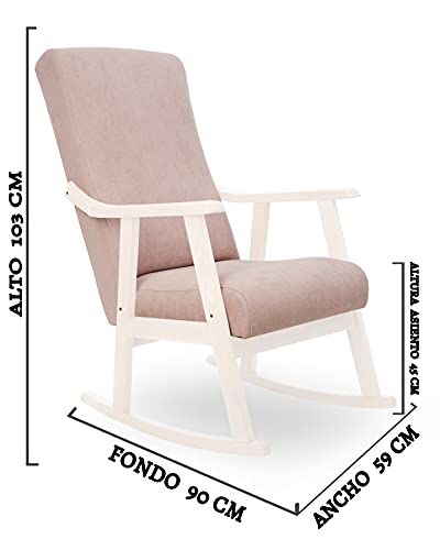 Eco Silla y Descanso. Mod. Torino. Sillon, balancin, mercedora Especial Lactancia, Antimanchas, Madera Haya Maciza, Barnizado Lacado Blanco, tapizado Rosa Palo.