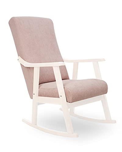 Eco Silla y Descanso. Mod. Torino. Sillon, balancin, mercedora Especial Lactancia, Antimanchas, Madera Haya Maciza, Barnizado Lacado Blanco, tapizado Rosa Palo.
