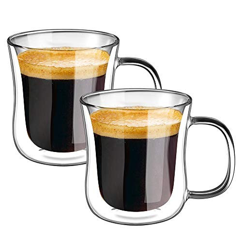 ecooe 2x120ml Tazas de Café de Cristal,Vasos de Espresso de Doble Pared con Asa,Tazas de Vidrio Borosilicato para Té,Café