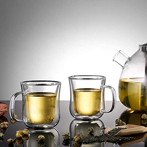 ecooe 2x120ml Tazas de Café de Cristal,Vasos de Espresso de Doble Pared con Asa,Tazas de Vidrio Borosilicato para Té,Café