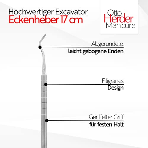 Elevador de esquina Excavator de clavos, instrumento doble, inoxidable, 17 cm, para manicura y pedicura, con extremos curvados para el tratamiento del pliegue de las uñas