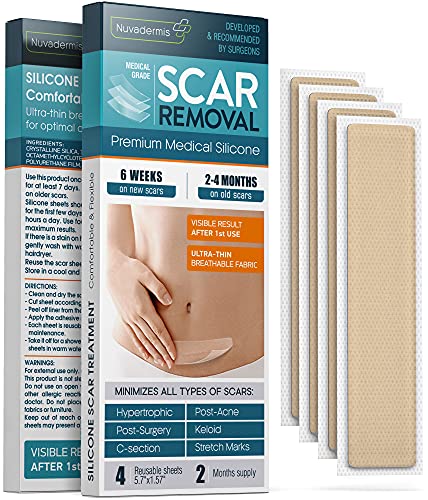 Eliminación de cicatrices de queloides – Ayuda a aplanar hipertróficas, cesáreas, poscirugía, acné y estrías – 4 hojas de silicona reutilizables para cicatrices de 14,5 x 4 cm (suministro de 2 meses)