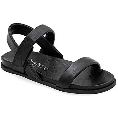 Emmanuela - Sandalias planas de piel cómodas, estilo griego, con cierre de cinta de rasgar, zapatos de verano, sandalias de punta abierta, sandalias boho chic, tiras con soporte de arco, Negro, 41 EU