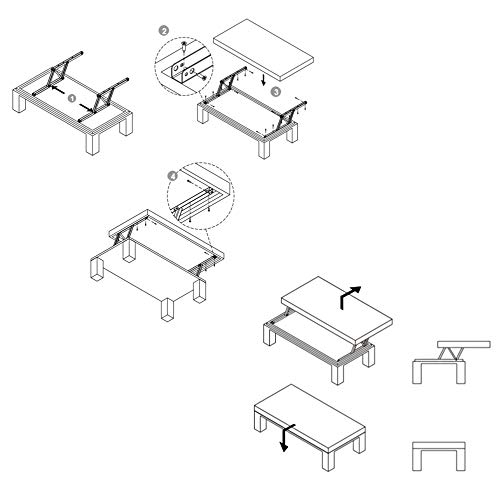 Emuca - Juego de 2 mecanismos elevables para mesas de centro, Bisagra de Mesa elevadora, Pintado negro, Acero