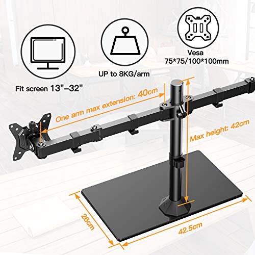 ErGear Dual Soporte para Monitor para Pantallas de 13”- 32” con Base Ancha Construcción Sólida Dual Brazo Monitor Movimiento Suave Inclinación ± 45 ° Giratorio 180 ° Rotación 360 ° Peso Máx. 8 kg