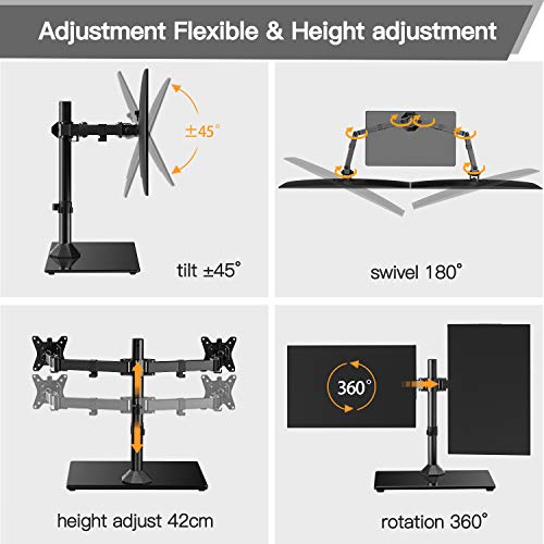 ErGear Dual Soporte para Monitor para Pantallas de 13”- 32” con Base Ancha Construcción Sólida Dual Brazo Monitor Movimiento Suave Inclinación ± 45 ° Giratorio 180 ° Rotación 360 ° Peso Máx. 8 kg