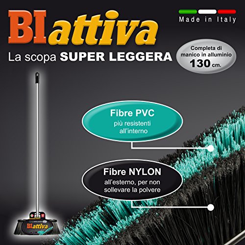Escoba biactiva para Interiores. Mango de Aluminio. Cerdas Dobles. Altura Total: 140 cm. Superligera. Fabricado en Italia.