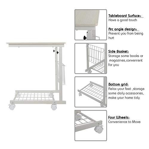Escritorio Portátil Extraíble con Ruedas Altura Ajustable Mesa Auxiliar con Cesta Lateral para Sofá o Cama Escritorio Movible para Computadora Blanco