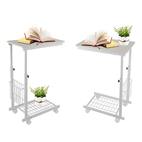 Escritorio Portátil Extraíble con Ruedas Altura Ajustable Mesa Auxiliar con Cesta Lateral para Sofá o Cama Escritorio Movible para Computadora Blanco