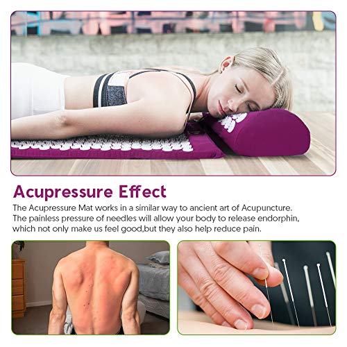 Esterilla Acupresion Kit de Masaje con Almohada - Estera de Acupresión Esterilla Masaje para Espalda, Cuello, Dolores de Cabeza, Relajación muscular, Alivio del Dolor Ciático - Púrpura