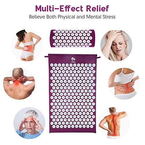 Esterilla Acupresion Kit de Masaje con Almohada - Estera de Acupresión Esterilla Masaje para Espalda, Cuello, Dolores de Cabeza, Relajación muscular, Alivio del Dolor Ciático - Púrpura