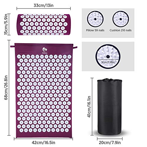 Esterilla Acupresion Kit de Masaje con Almohada - Estera de Acupresión Esterilla Masaje para Espalda, Cuello, Dolores de Cabeza, Relajación muscular, Alivio del Dolor Ciático - Púrpura