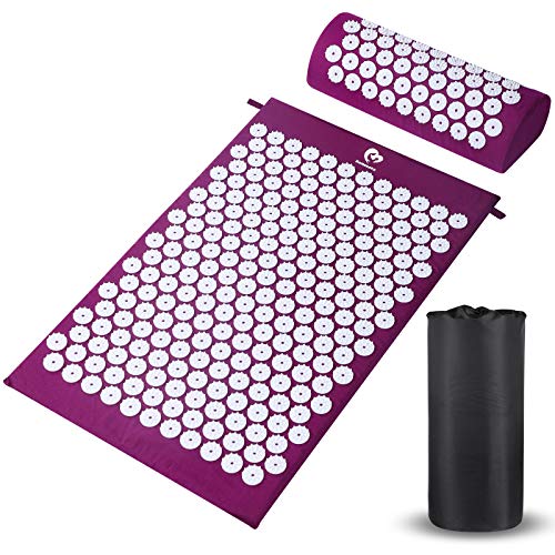 Esterilla Acupresion Kit de Masaje con Almohada - Estera de Acupresión Esterilla Masaje para Espalda, Cuello, Dolores de Cabeza, Relajación muscular, Alivio del Dolor Ciático - Púrpura