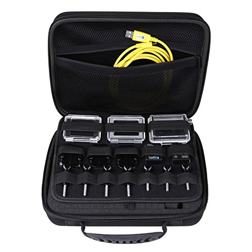 Estuche Deluxe Grande Compatible con GoPro Hero Fusion, 6, 5, 4, Session, Negro, Plateado, Hero+ LCD, 3+, 3, 2, 1 con Correa para el Hombro Personalizable Interior y Accesorios