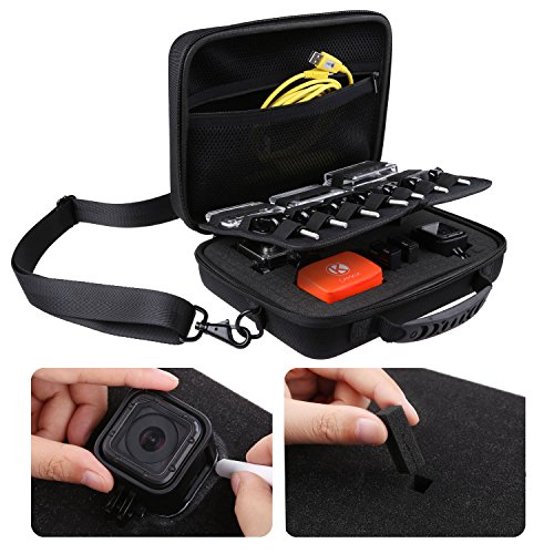 Estuche Deluxe Grande Compatible con GoPro Hero Fusion, 6, 5, 4, Session, Negro, Plateado, Hero+ LCD, 3+, 3, 2, 1 con Correa para el Hombro Personalizable Interior y Accesorios