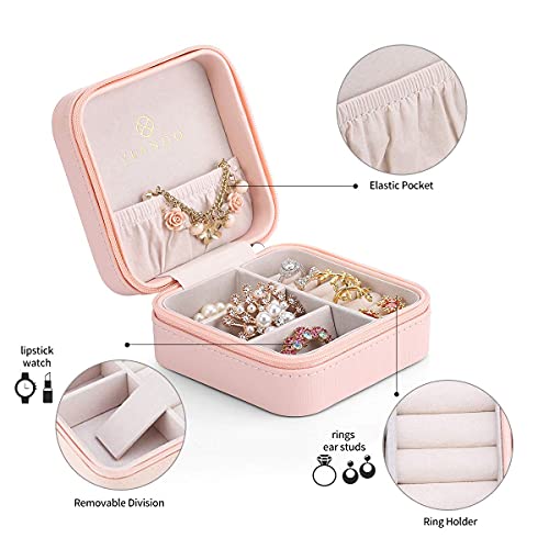 Estuche Joyero Pequeño, Mini Caja Almacenamiento Portable para Joyería, Organizador de Viaje de Doble Capa con Espejo para Joyas Collares Pendientes Aretes Pulseras Anillos