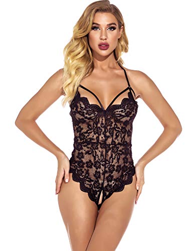 EVELIFE - Body de mujer sexy de encaje floral con cuello en V profundo, lencería de espalda abierta bajo ropa de noche transparente para San Valentín o cumpleaños, Negro , S