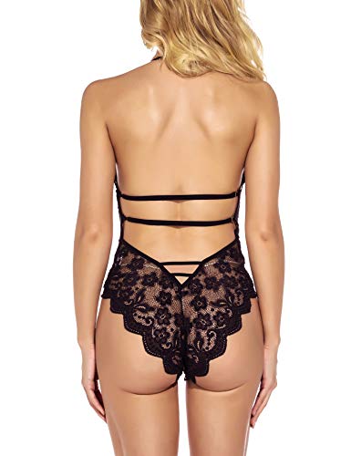 EVELIFE - Body de mujer sexy de encaje floral con cuello en V profundo, lencería de espalda abierta bajo ropa de noche transparente para San Valentín o cumpleaños, Negro , S