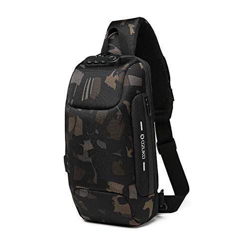 FANDARE Nuevo Bolsa de Pecho Antirrobo Bolsa Deportiva de Hombro Hombre Bolsa de Honda Mochila con Cerradura de contraseña/USB,para Acampada,Viaje,Ciclismo,Senderismo Impermeable Poliéster Camo