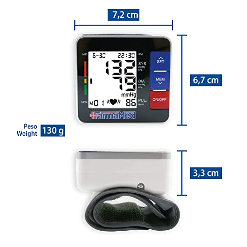 FARMAMED Tensiómetro de muñeca Eléctrico, Tensiómetro digital, Monitor de Presión Portátil para uso doméstico o externo, Pantalla LCD, Memoria hasta 180 mediciones, 2 Usuarios, Estuche rígido incluido