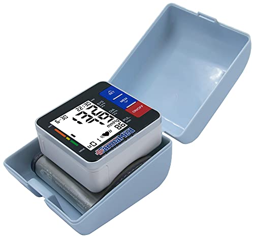FARMAMED Tensiómetro de muñeca Eléctrico, Tensiómetro digital, Monitor de Presión Portátil para uso doméstico o externo, Pantalla LCD, Memoria hasta 180 mediciones, 2 Usuarios, Estuche rígido incluido