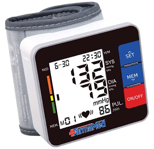 FARMAMED Tensiómetro de muñeca Eléctrico, Tensiómetro digital, Monitor de Presión Portátil para uso doméstico o externo, Pantalla LCD, Memoria hasta 180 mediciones, 2 Usuarios, Estuche rígido incluido