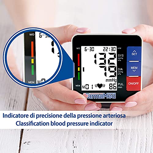 FARMAMED Tensiómetro de muñeca Eléctrico, Tensiómetro digital, Monitor de Presión Portátil para uso doméstico o externo, Pantalla LCD, Memoria hasta 180 mediciones, 2 Usuarios, Estuche rígido incluido