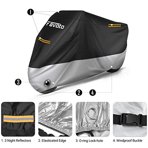 Favoto Funda para Moto Cubierta de Motocicleta 210D Protectora Oxford con Bandas Reflectantes a Prueba de Sol Agua Lluvia Polvo Viento Nieve Hojas Excremento de Pájaro, XXL 245cm Negro+Plata