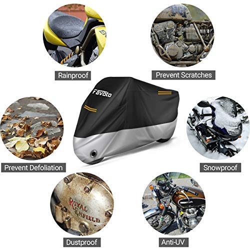 Favoto Funda para Moto Cubierta de Motocicleta 210D Protectora Oxford con Bandas Reflectantes a Prueba de Sol Agua Lluvia Polvo Viento Nieve Hojas Excremento de Pájaro, XXL 245cm Negro+Plata