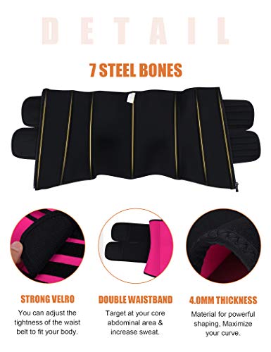 FeelinGirl Mujer Neopreno Corsé Lumbar con 7 Huesos Aceros Faja Reductora Postparto con Cremallera y Velcro Waist Trainer Deportivo Rosa XXL/Talla 48