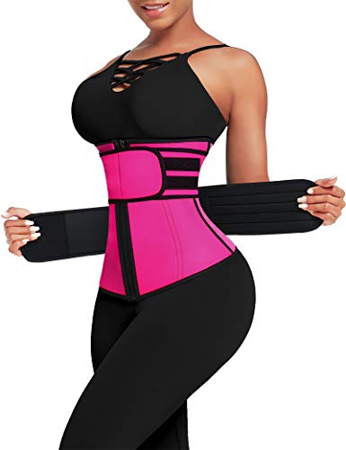 FeelinGirl Mujer Neopreno Corsé Lumbar con 7 Huesos Aceros Faja Reductora Postparto con Cremallera y Velcro Waist Trainer Deportivo Rosa XXL/Talla 48