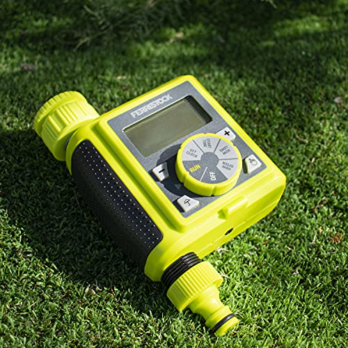 Ferrestock FSKPRO003 Programador Digital, Regula frecuencia y duración, riego Manual, programas Cortos, botón DELAY, Rosca Superior de 3/4” y Salida con Racor rápido, Verde/Gris