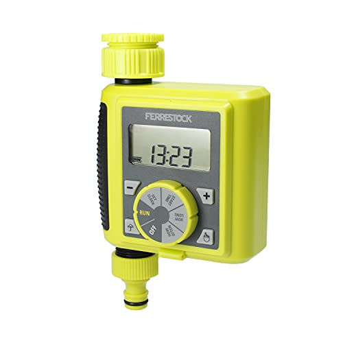 Ferrestock FSKPRO003 Programador Digital, Regula frecuencia y duración, riego Manual, programas Cortos, botón DELAY, Rosca Superior de 3/4” y Salida con Racor rápido, Verde/Gris