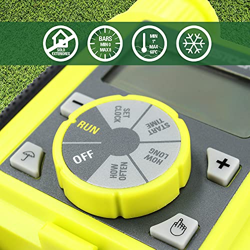Ferrestock FSKPRO003 Programador Digital, Regula frecuencia y duración, riego Manual, programas Cortos, botón DELAY, Rosca Superior de 3/4” y Salida con Racor rápido, Verde/Gris