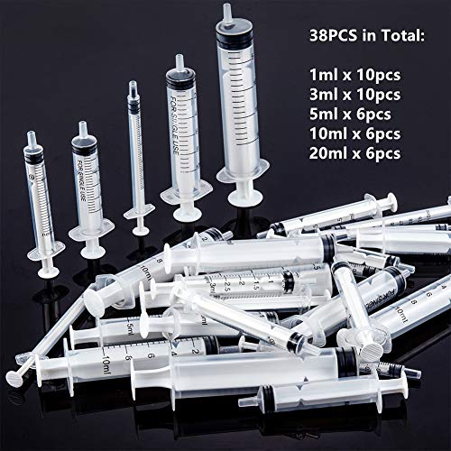 FINGERINSPIRE 38 Piezas de jeringa de plástico Luer Lock sin Aguja y 40 Tapas, jeringas 5 tamaños Mixtos (1 ml, 3 ml, 5 ml, 10 ml, 20 m) Adecuado para dispensar Pegamento, regar, Rellenar